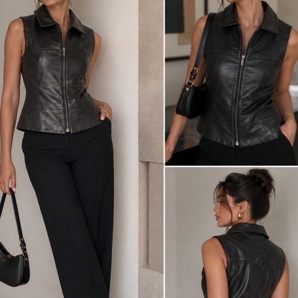 Venus Williams Wilsons Leather Vest Black Zip Up Moto Biker Top Y2K Goth v3